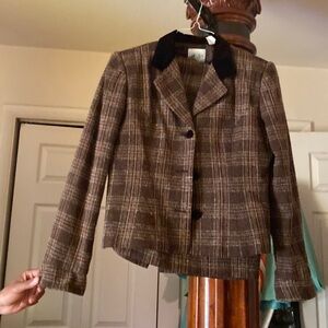 Plaid 2 PCs skirt set button down velvet collar